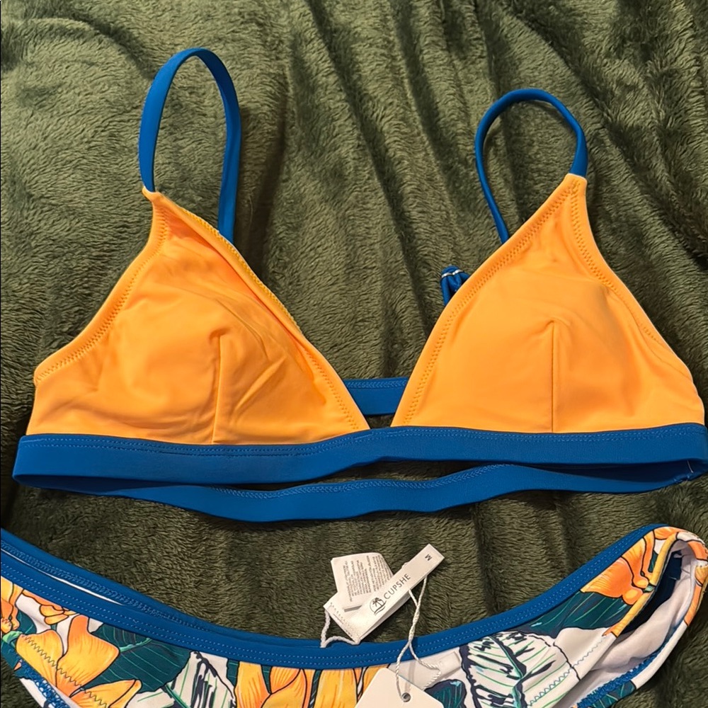 Cupshe NWT M SEXY CHEEKY Yellow Blue FLORAL STRAPPY BLOCK COLOR Bikini Set - Picture 7 of 8